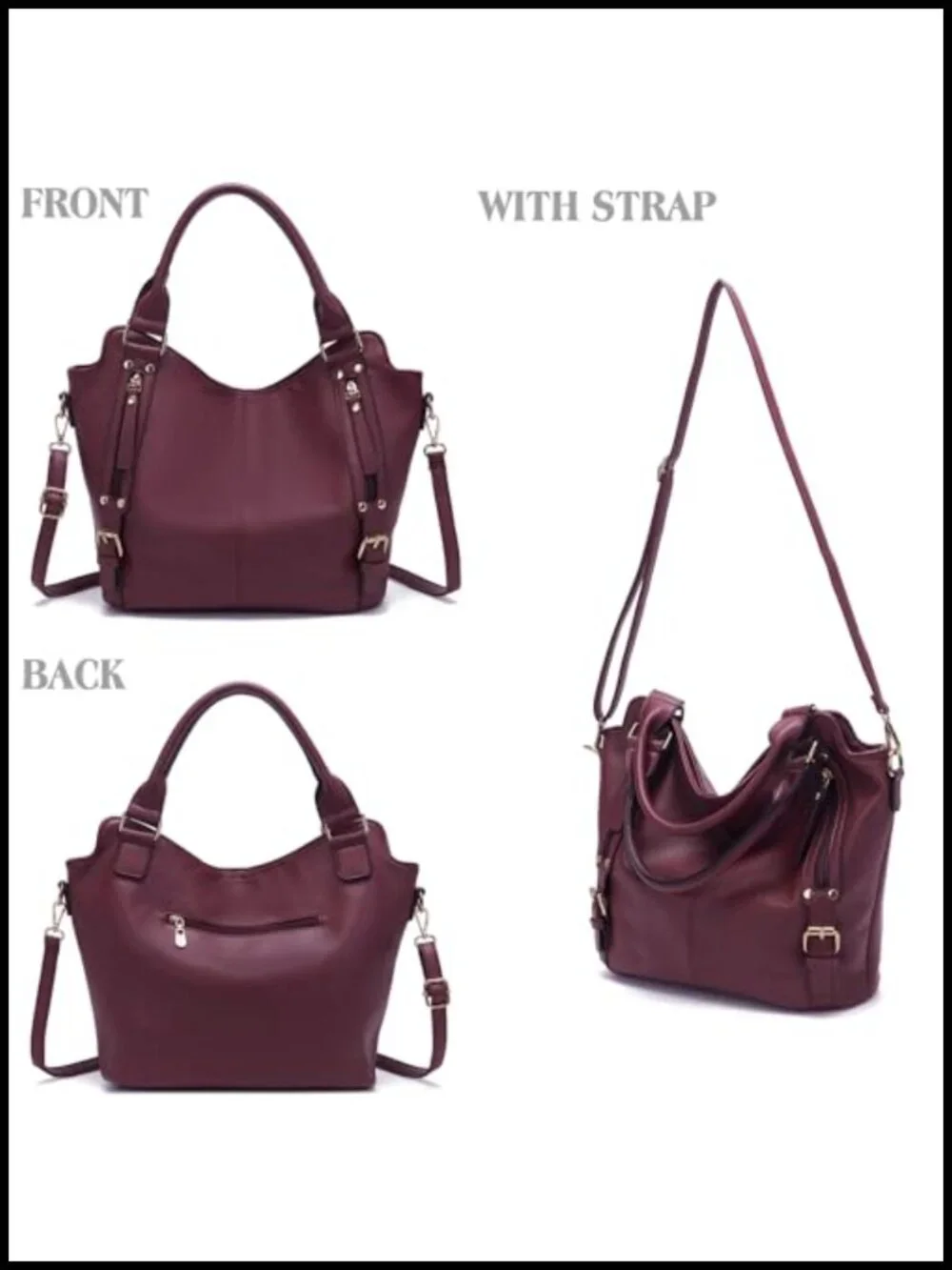 Large Hobo Crossbody Handbag Set 4pcs Soft PU Leather Detachable Strap 9 Pockets
